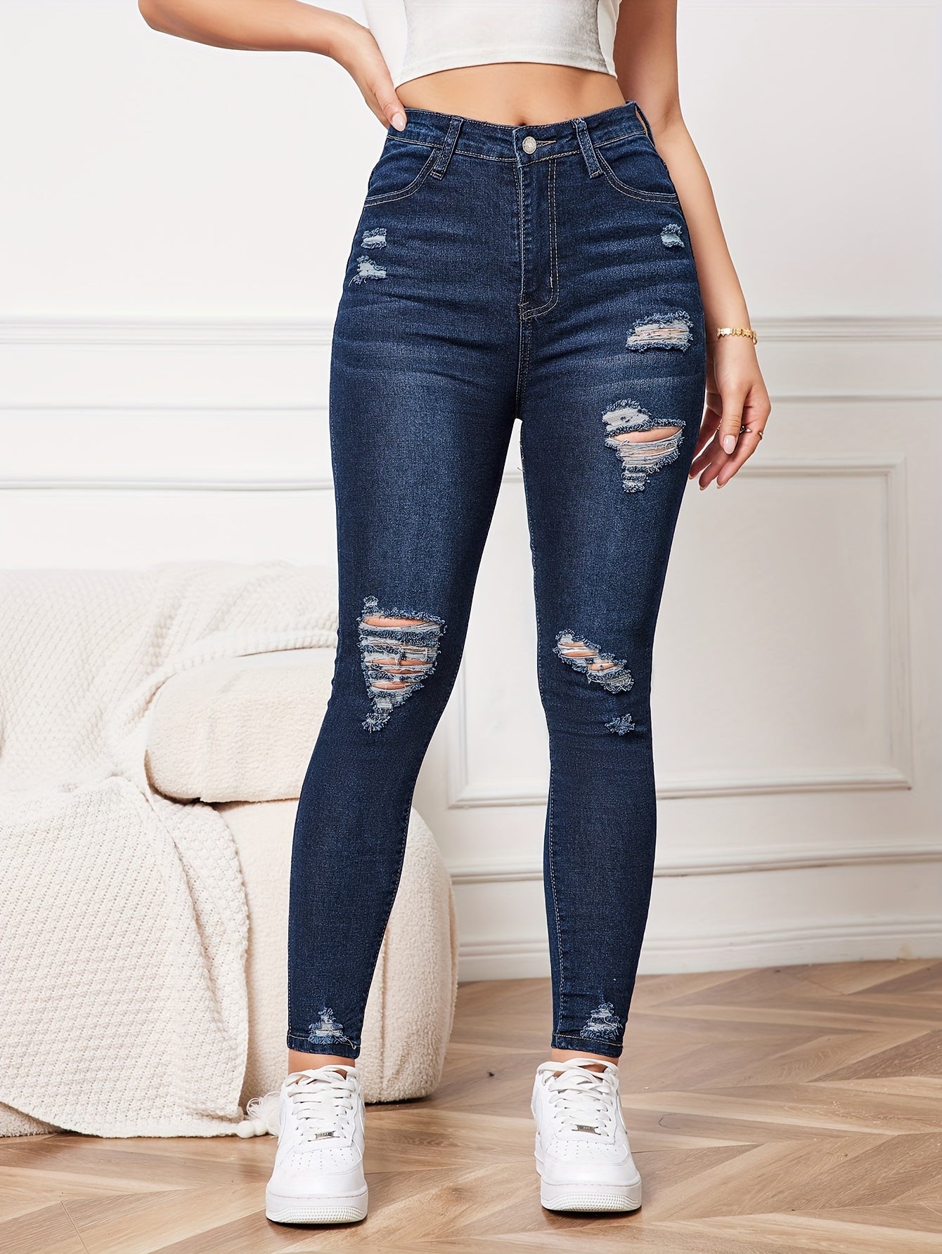 Women's Fashion High-waisted Skinny Jeans, Casual Style, Ripped Denim, Stretch Fit, Daily Wear, Elegant Blue Pants MyFave Boutique