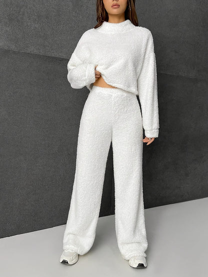 Y2K Style Polyester Teddy Pullover And Pants Set, High Neck, Machine Washable, Autumn/Winter Outfit MyFave Boutique