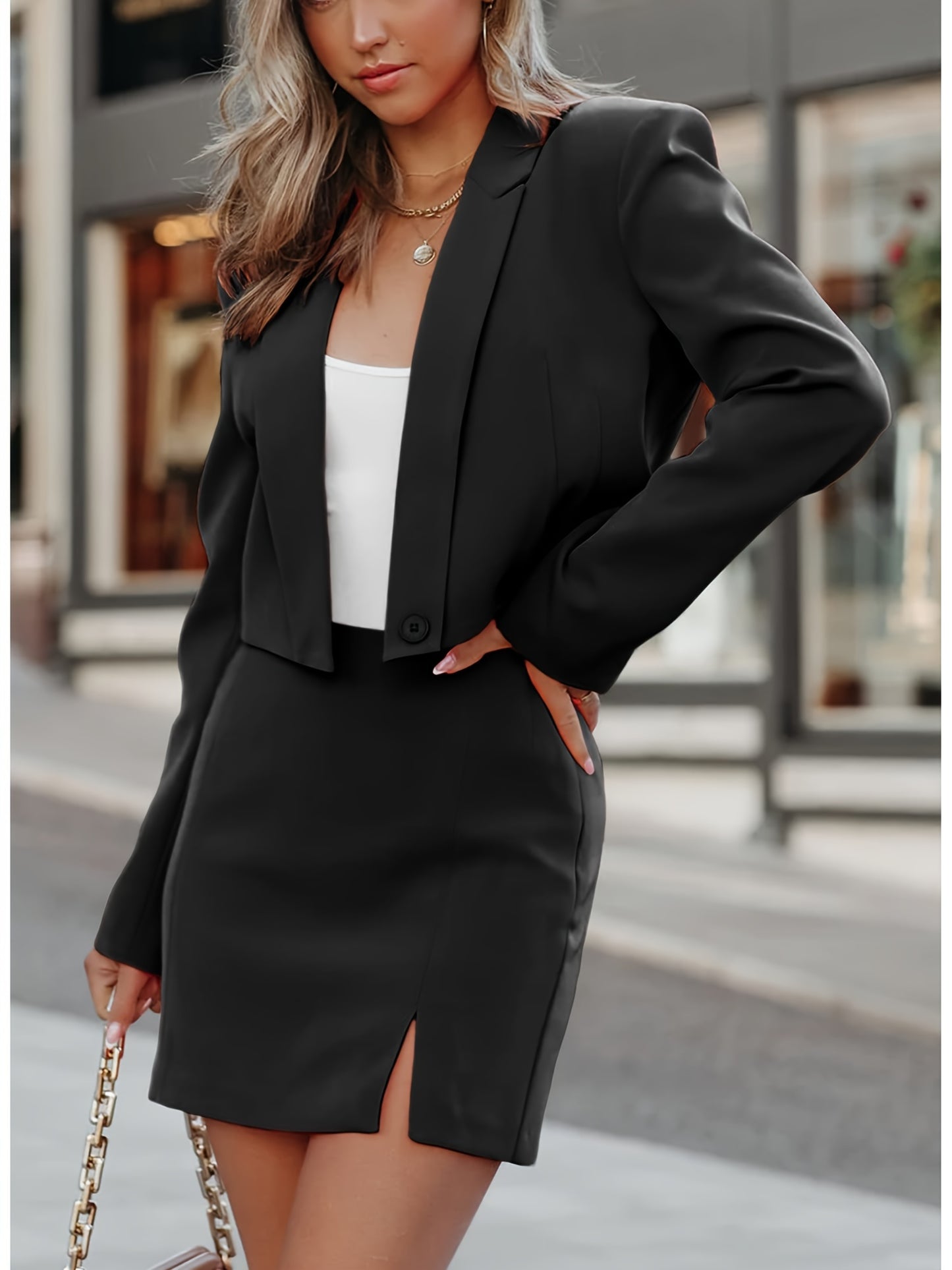 Solid Matching Two-piece Set, Elegant Long Sleeve Blazer & Split Mini Skirt Outfits For Work, Women's Clothing MyFave Boutique