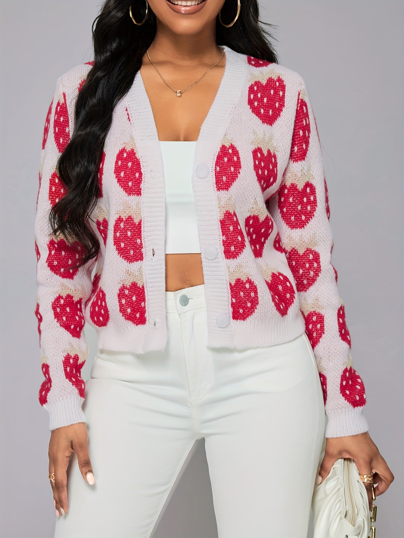 Strawberry Pattern Button Front Cardigan, Elegant Long Sleeve Drop Shoulder Outwear, Women's Clothing MyFave Boutique