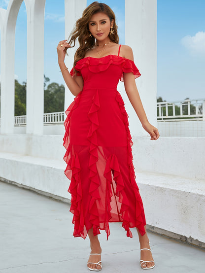 Ruffle Cold Shoulder Dress: Elegant Split Long Dress for Summer - Women's Clothing MyFave Boutique