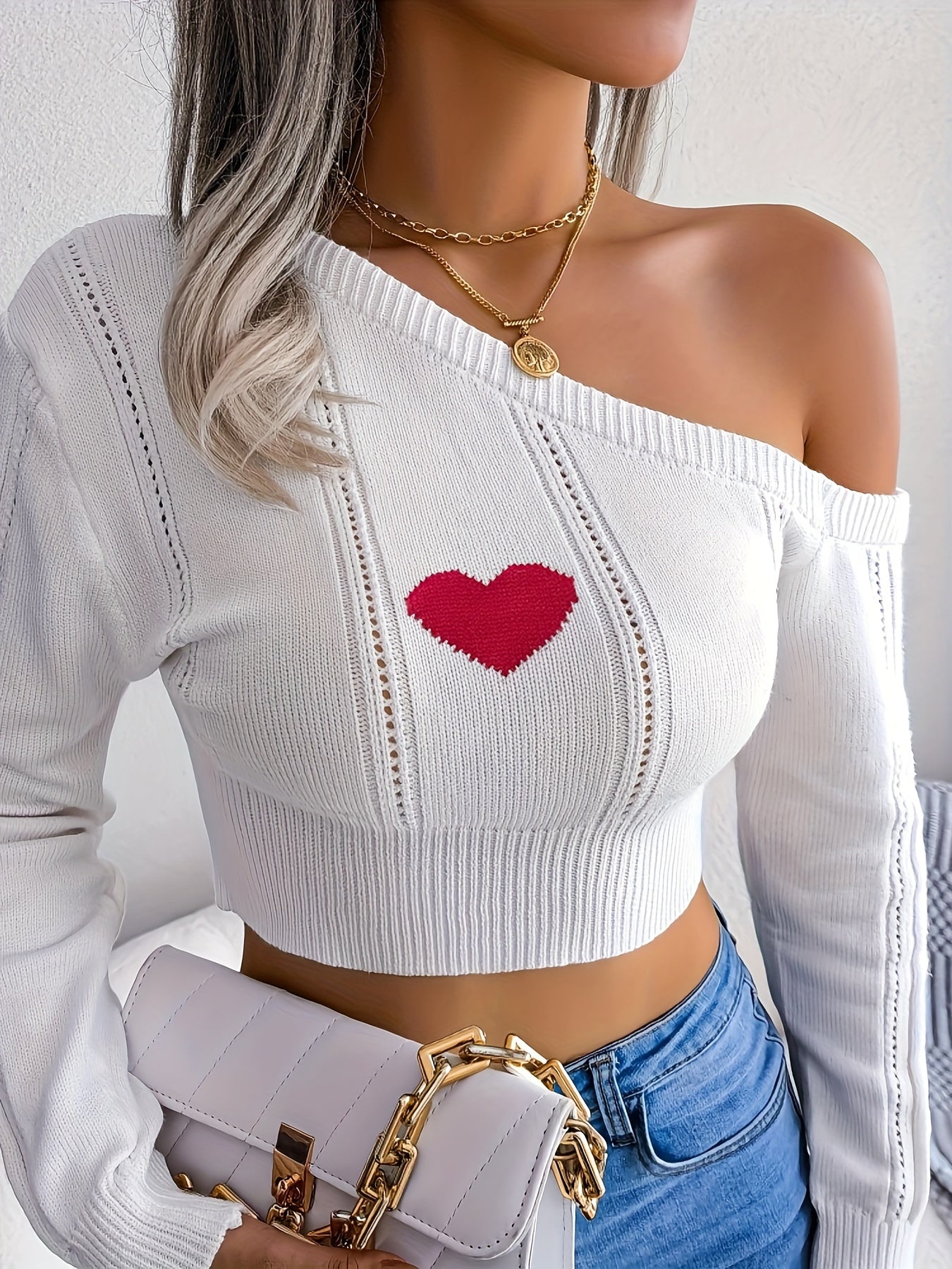 Women's One Shoulder Crop Sweater - Long Sleeve Skew Neck Pointelle Knit Top for Fashionable and Comfortable Style MyFave Boutique