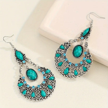 1 Pair Of Luxurious Dangle Earrings With Rhinestone And Turquoise Texture, Vintage Bohemian Style, Eye-Catching Shiny Statement Jewelry For Women MyFave Boutique