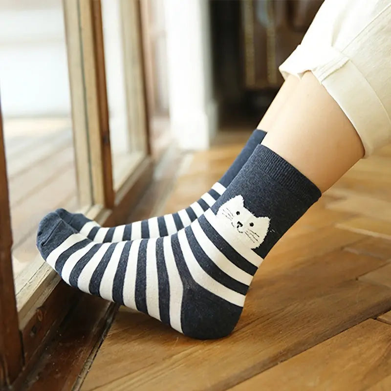 5 Pairs Womens Socks Cute Cat Patterned Funny Novelty Medium Tube Socks For Women Gifts For Cat Lovers MyFave Boutique