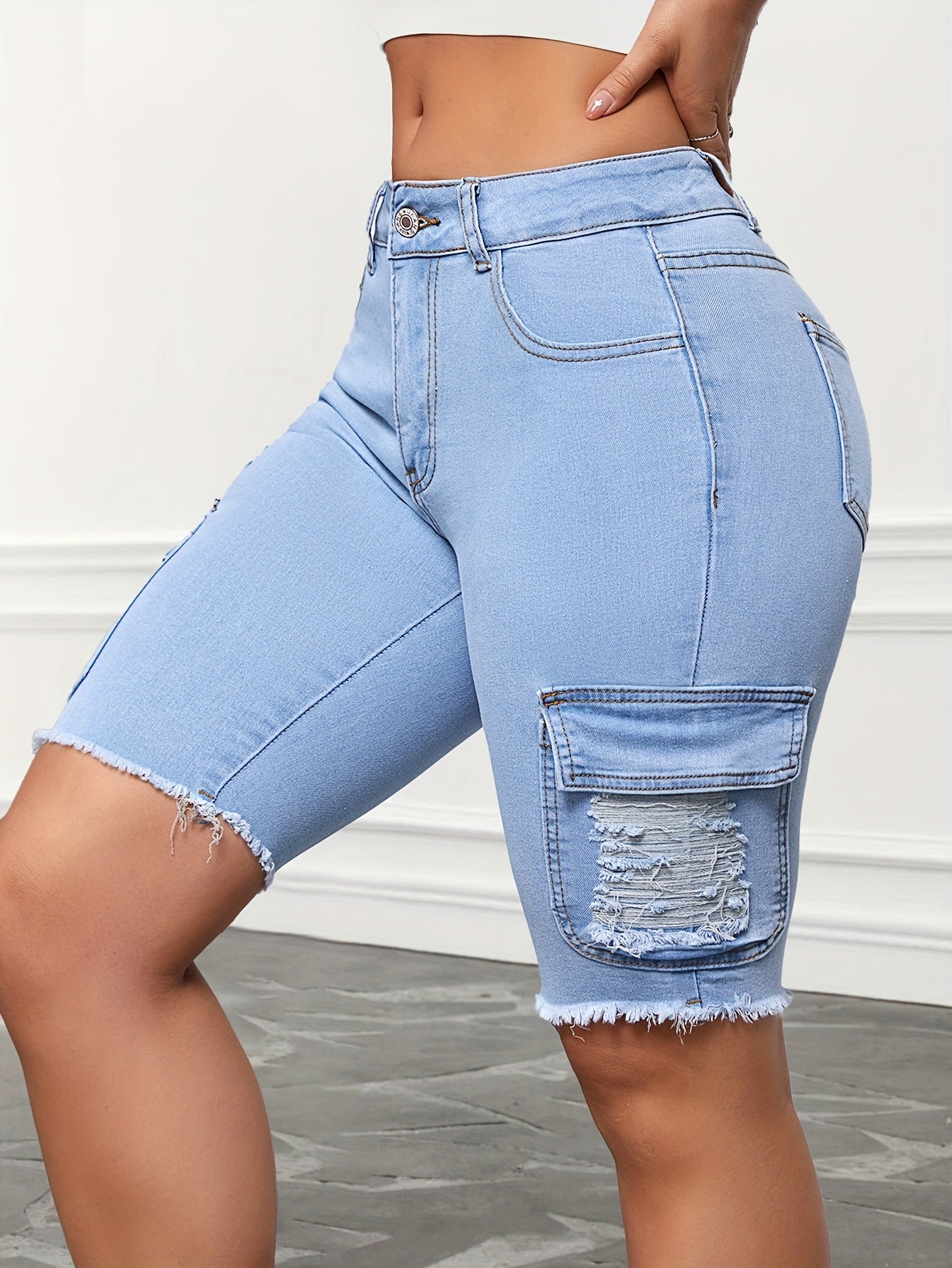 Women's High-Waisted Stretchy Flap Pocket Denim Bermuda Shorts, Fashionable Ripped Hem, Streetwear Knee-Length Jean Shorts MyFave Boutique