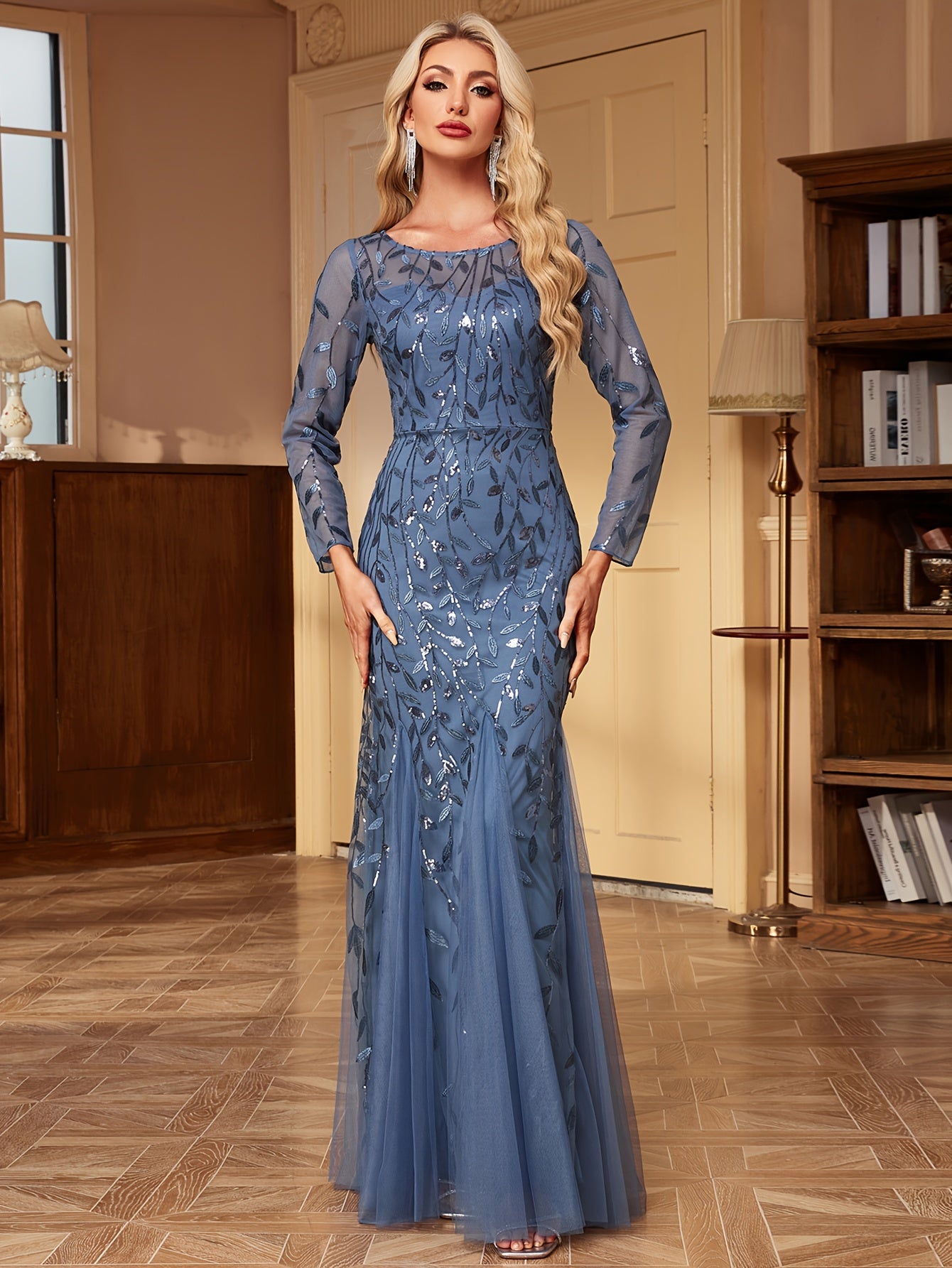 Elegant Women's Embroidered Beads Bodycon Evening Gown with Long Sleeves, Crew Neckline, and Slim Fish Tail Design for Bridesmaid, Cocktail Party, and Special Occasions MyFave Boutique