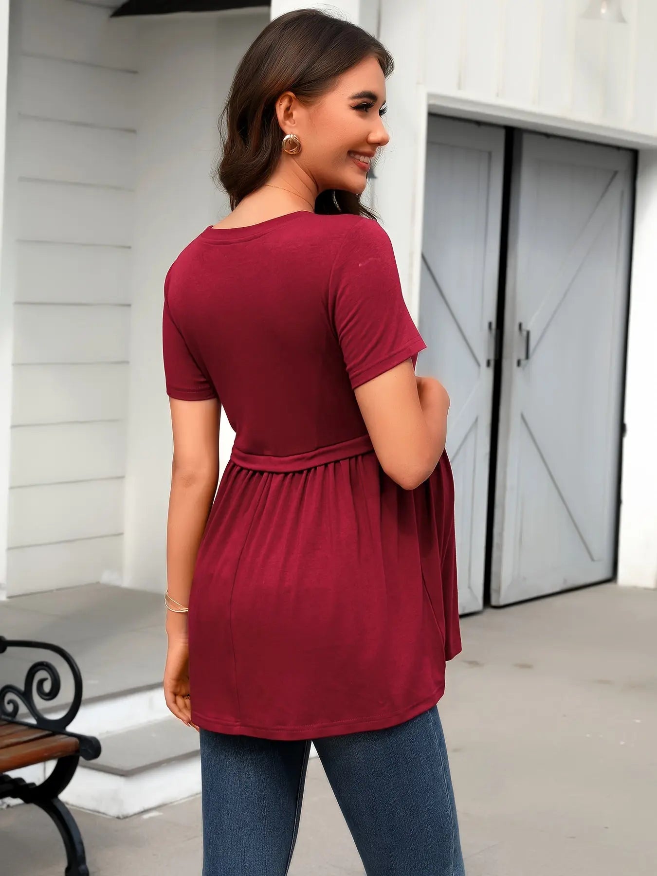 Women's Maternity Solid Waist T-shirt For Summer, Lettuce Trim Short Sleeve Tees MyFave Boutique