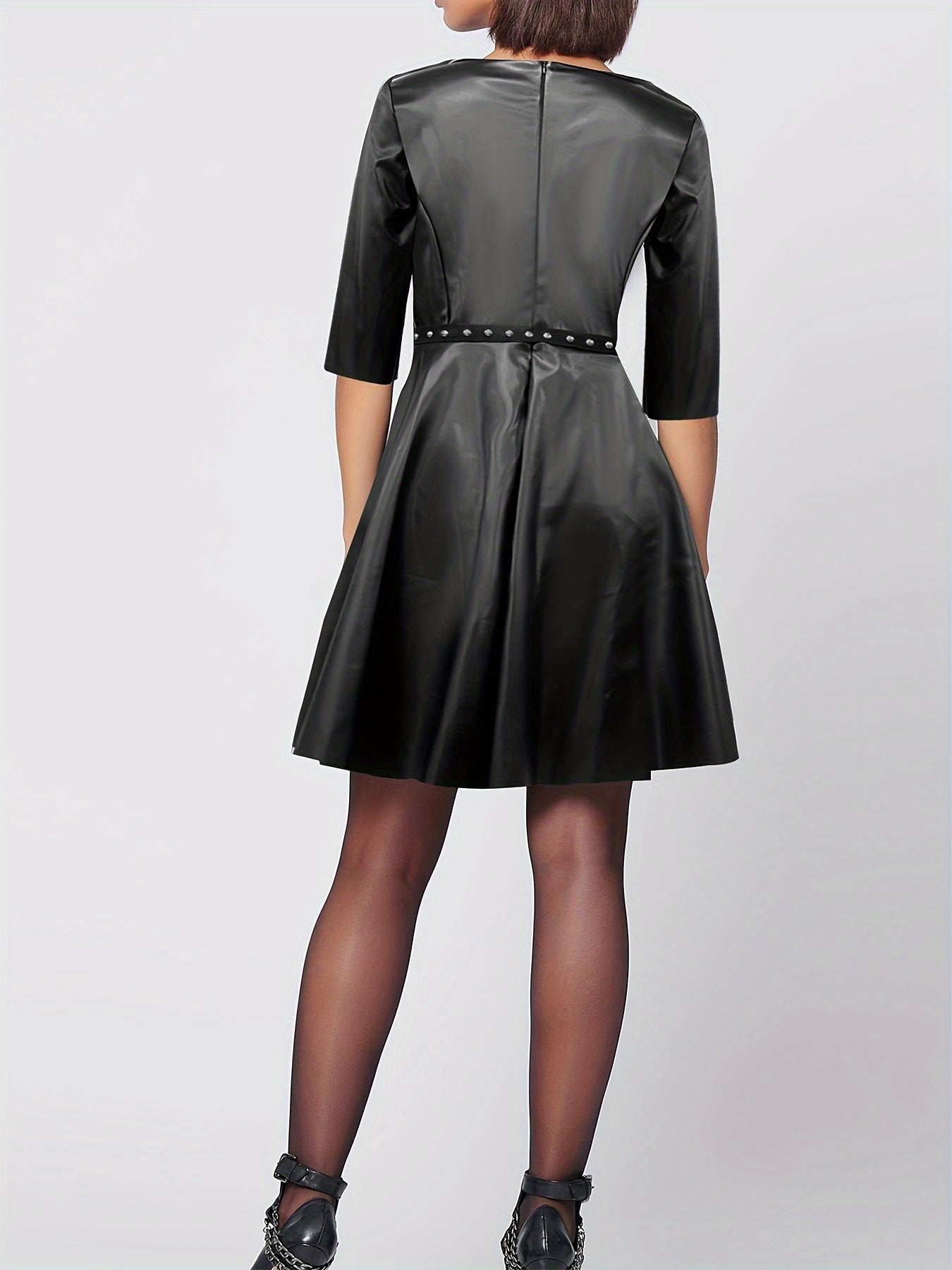 Faux Leather V Neck Dress, Vintage 3/4 Sleeve Bow Waist Dress, Women's Clothing MyFave Boutique