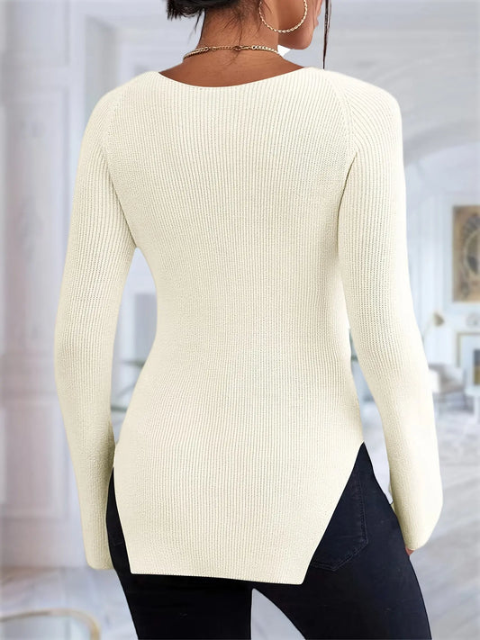 Womens Square Neck Sexy Pullover Sweaters Ribbed Knit Long Bell Sleeve Slim Fit Split Stretch Jumper Tops MyFave Boutique