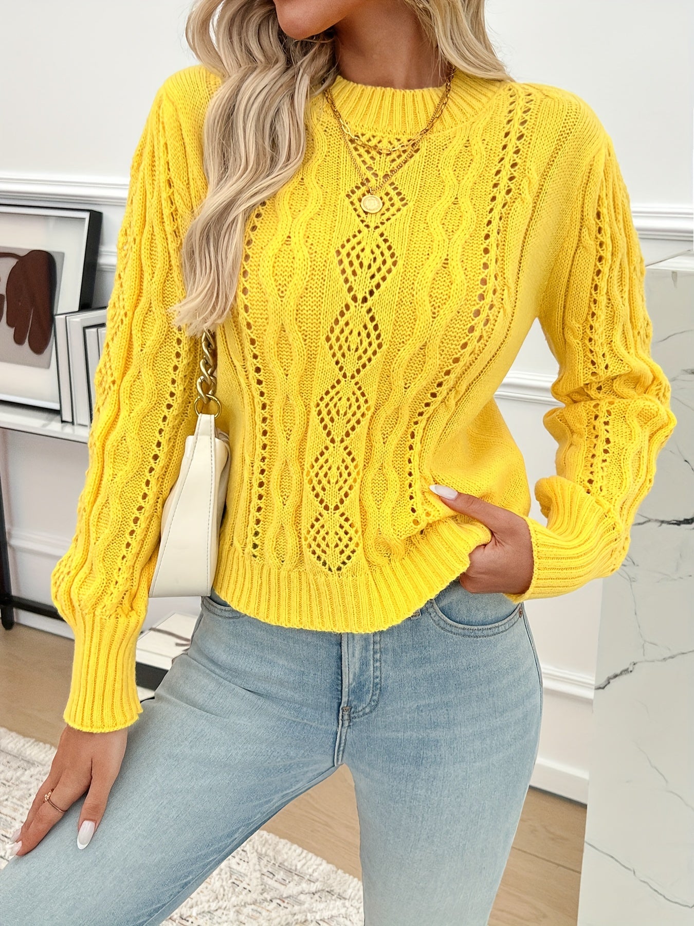 Cable Knit Crew Neck Sweater, Casual Solid Hollow Long Sleeve Pullover Sweater For Fall & Winter, Women's Clothing MyFave Boutique