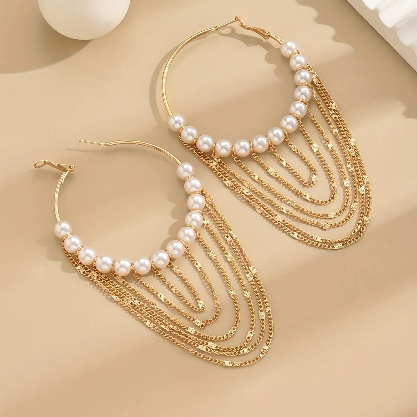 Chain Tassel Pendant Faux Pearl Decor Hoop Earrings Elegant Simple Style Alloy Jewelry Delicate Female Gift MyFave Boutique