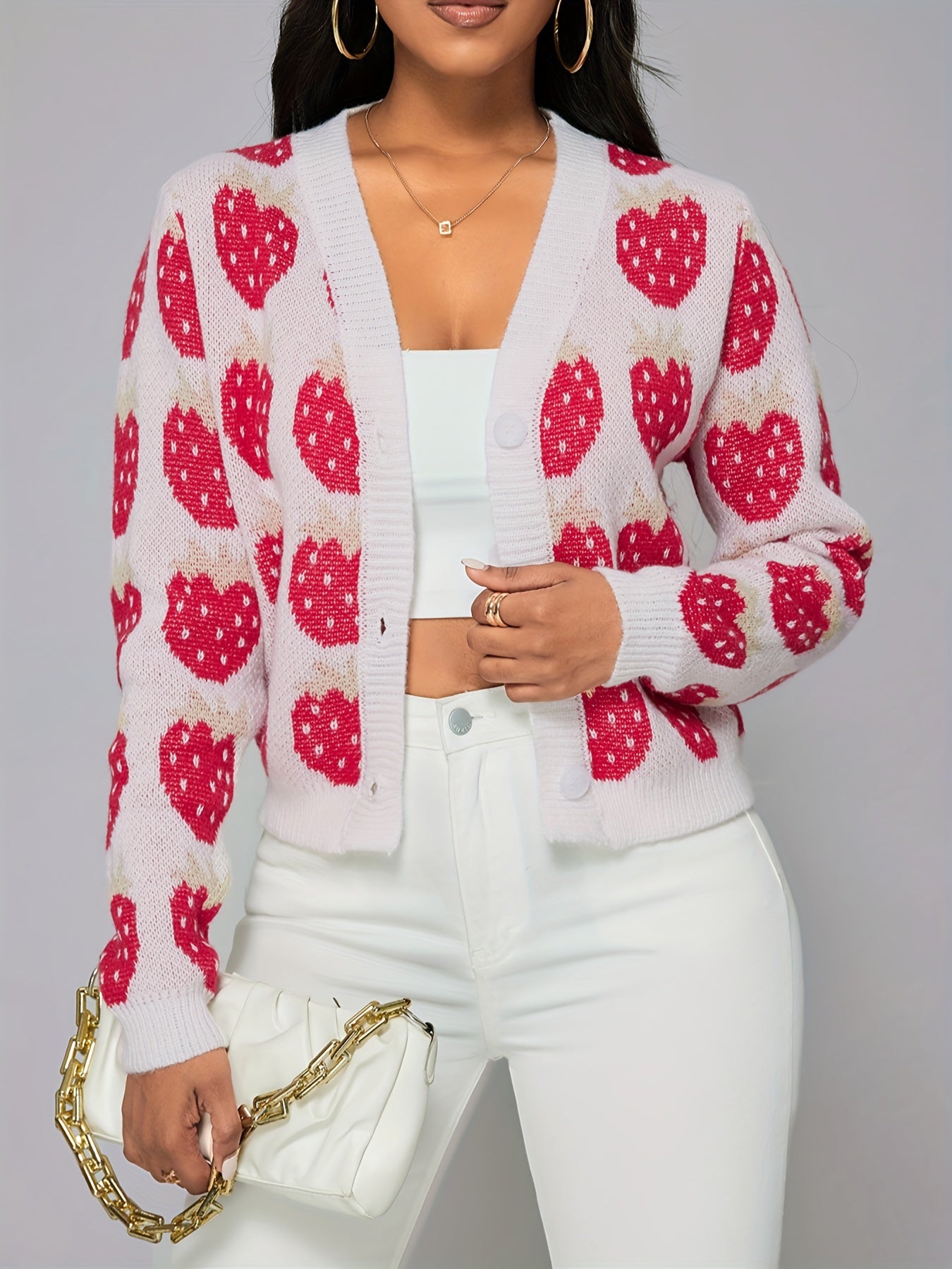 Strawberry Pattern Button Front Cardigan, Elegant Long Sleeve Drop Shoulder Outwear, Women's Clothing MyFave Boutique