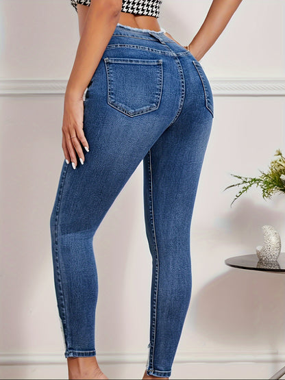 Stretchy High-Waisted Skinny Jeans for Women - Comfortable, Slim-Fit, Distressed Hem, Street Style, Five-Pocket Design, Soft Fabric, Breathable, and Flexible - Perfect for Daily Wear, Casual Outings, and Fashion Enthusiasts MyFave Boutique