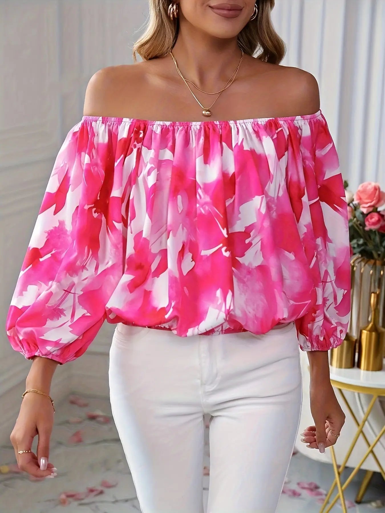 Floral Off-Shoulder Long Sleeve Blouse, Elegant Loose Fit Women's Top MyFave Boutique