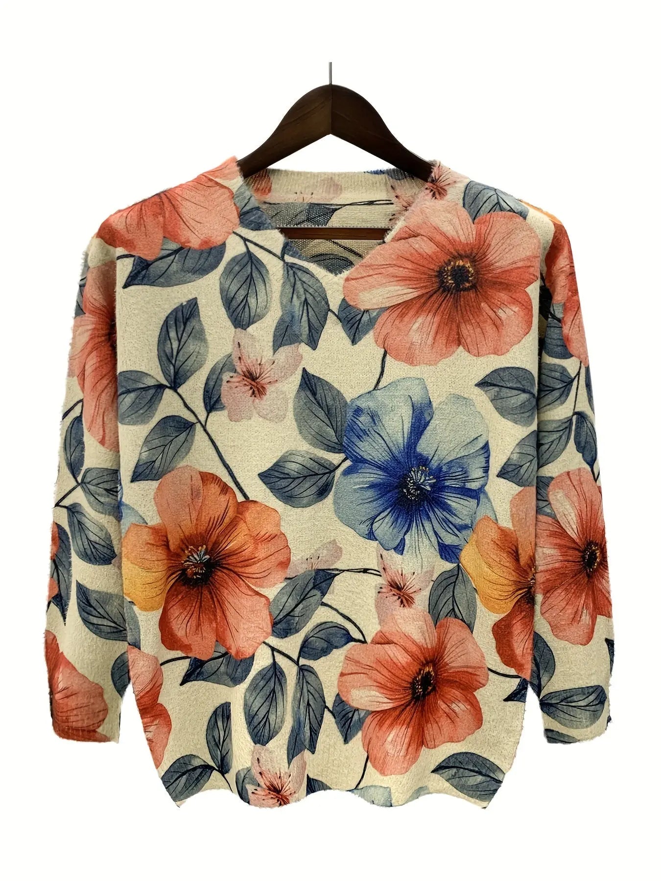 Women's Elegant V-Neck Long Sleeve Knit Sweater With Floral Print, Polyester Acrylic Blend, Autumn Winter Casual Wear MyFave Boutique