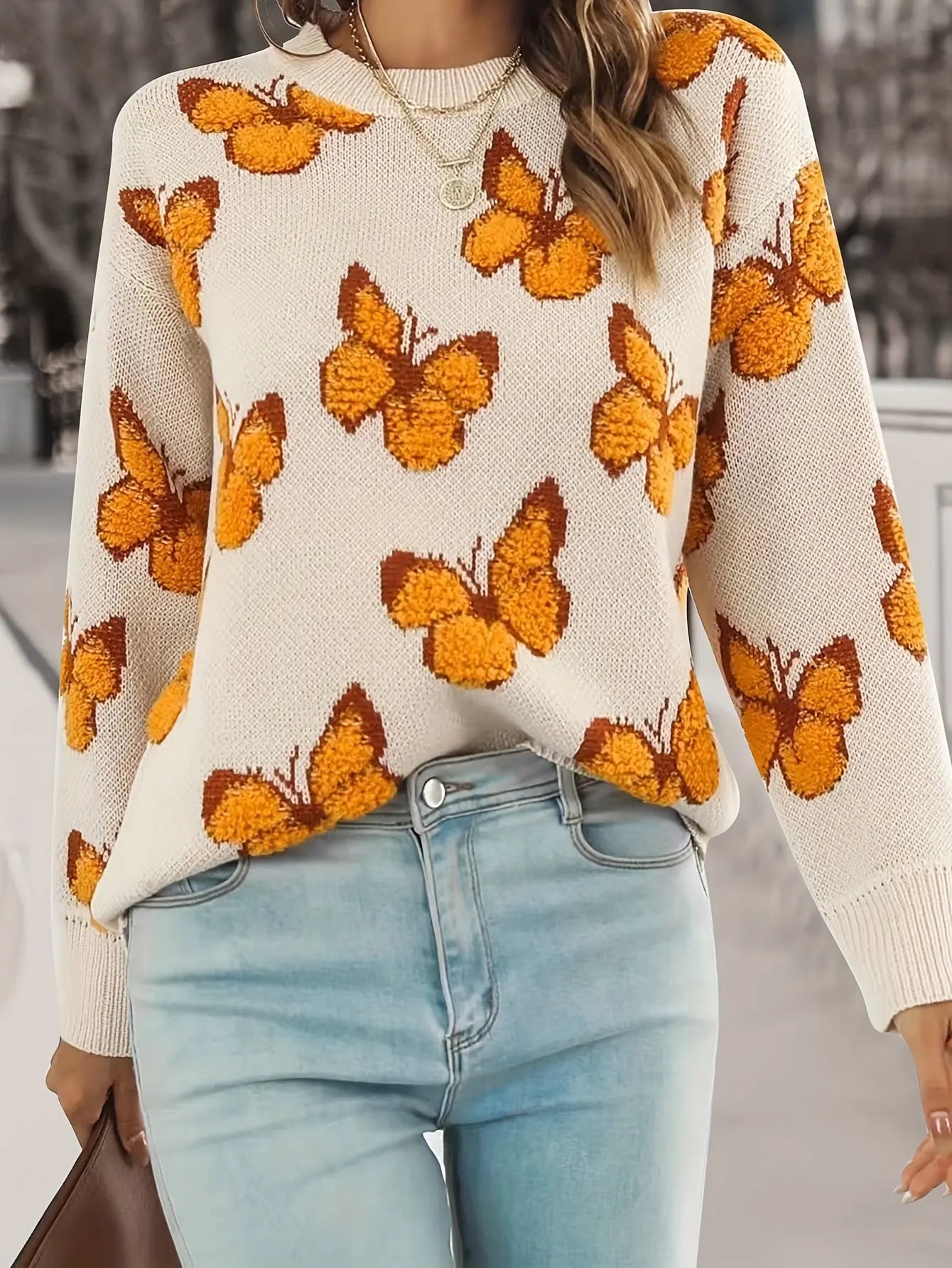 Butterfly Pattern Crew Neck Sweater, Casual Long Sleeve Sweater For Fall & Winter, Women's Clothing MyFave Boutique