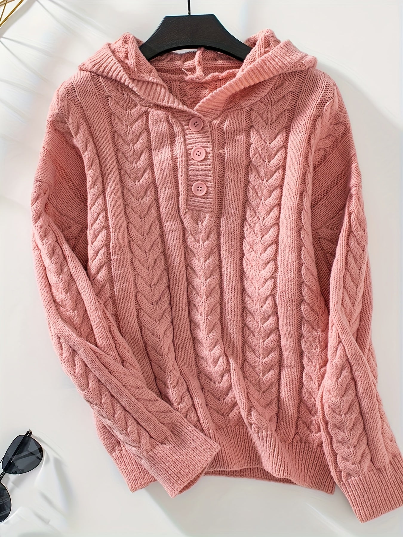 Solid Cable Knit Hoodie Sweater, Casual Long Sleeve Drop Shoulder Button Front Sweater For Fall & Winter, Women's Clothing MyFave Boutique