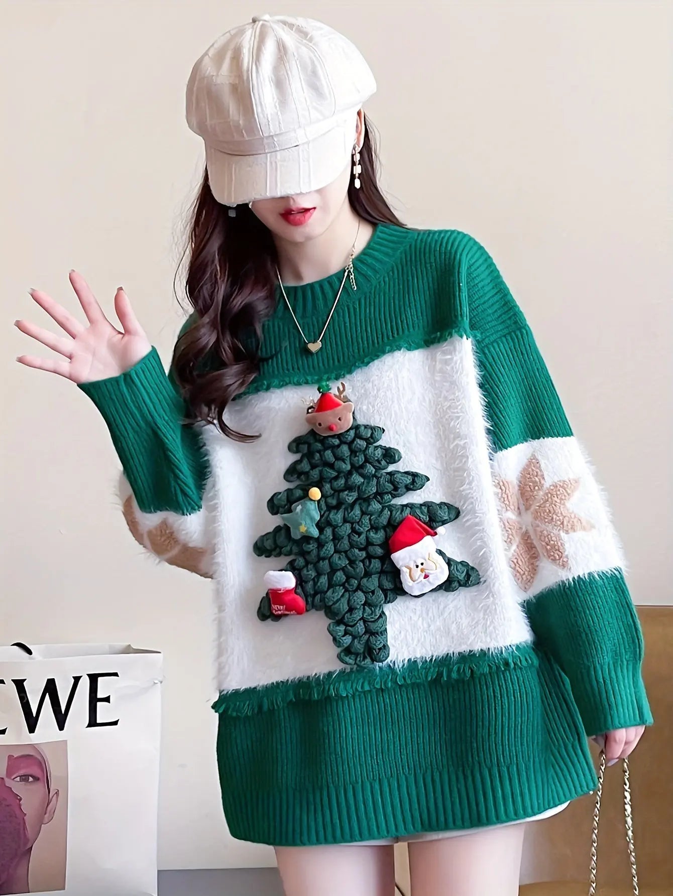 Christmas Tree Decor Crew Neck Sweater, Casual Long Sleeve Sweater For Fall & Winter, Women's Clothing MyFave Boutique