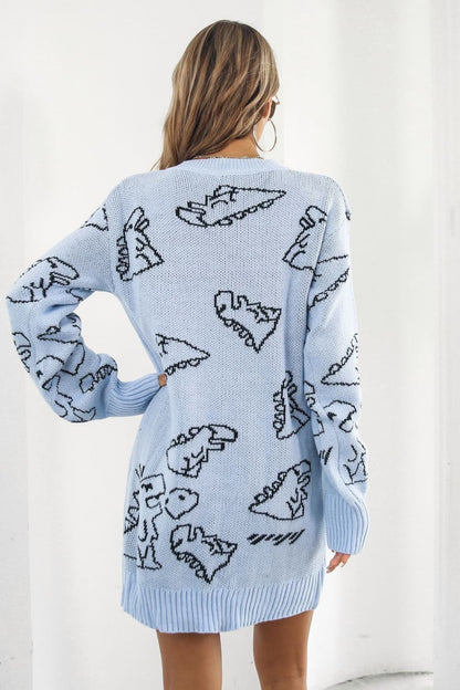 Dinosaur Pattern V-Neck Sweater Dress Trendsi