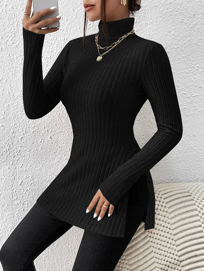 Elegant Split Long Sleeve Turtle Neck Rib Knit T-Shirt for Women MyFave Boutique