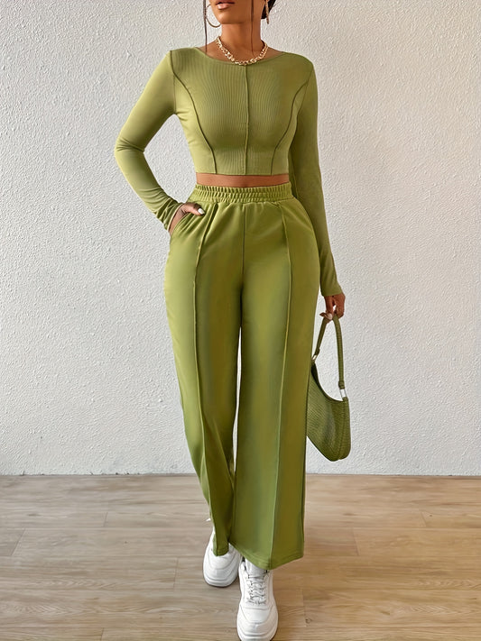 Casual Solid Color Pants Set, Crew Neck Long Sleeve Crop T-shirt & Elastic Waist Wide Leg Loose Pants For Spring & Fall, Women's Clothing MyFave Boutique