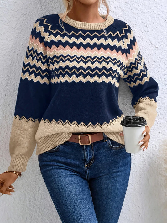 Striped Color Block Sweater, Retro Style Raglan Long Sleeve Sweater For Fall & Winter, Women's Clothing MyFave Boutique