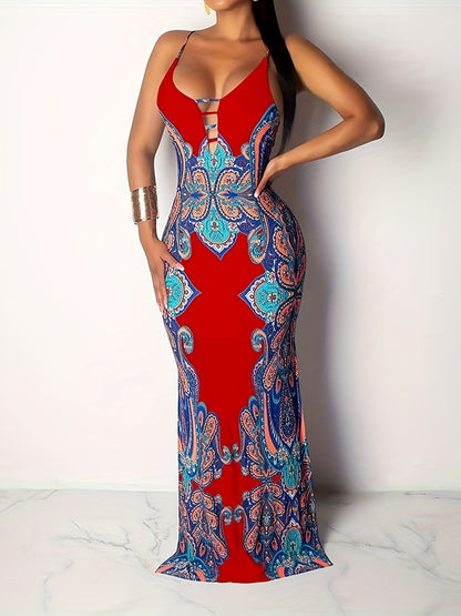 Womens Spaghetti Strap Leaf Printed Maxi Dress Bandage Bodycon Beach Holiday Long Dress MyFave Boutique