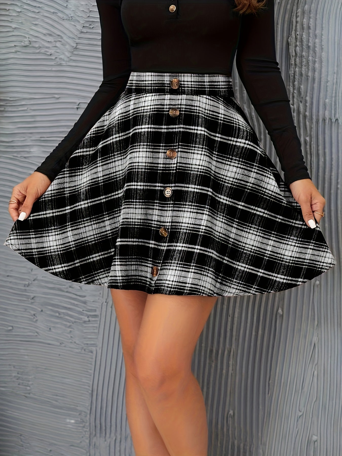 Plaid Print Button Front Skirt, Elegant High Waist Ruffle Mini Skirt, Women's Clothing MyFave Boutique