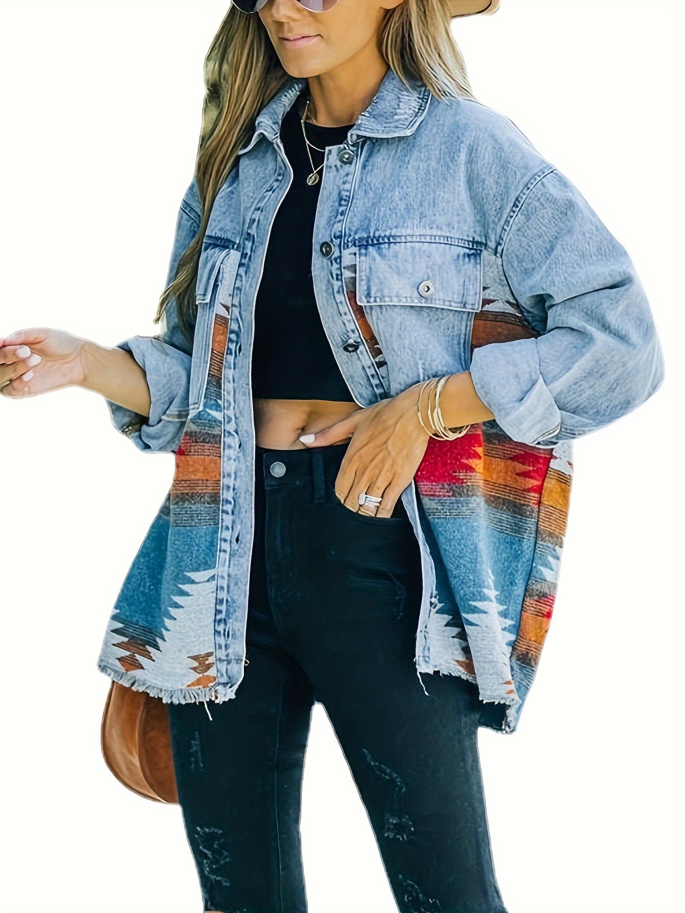 Women's Aztec Print Button Up Boho Retro Long Sleeve Loose Fit Washed Blue Denim Jacket MyFave Boutique