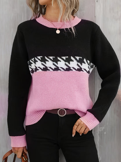 Houndstooth Crew Neck Sweater - Fall/Winter Women's Casual Long Sleeve Pullover MyFave Boutique