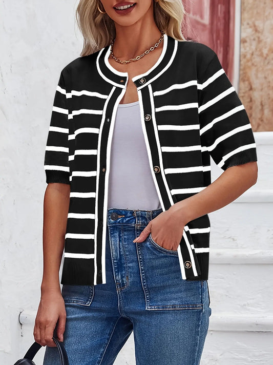 Women's Lightweight Striped Cardigan Sweater - Short Sleeve, Button Down, Crew Neck MyFave Boutique