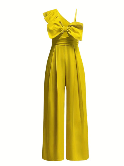 Stylish Spaghetti Strap Ruffle Trim Backless Pleated High Waist Asymmetrical Jumpsuit with Bow Decor MyFave Boutique