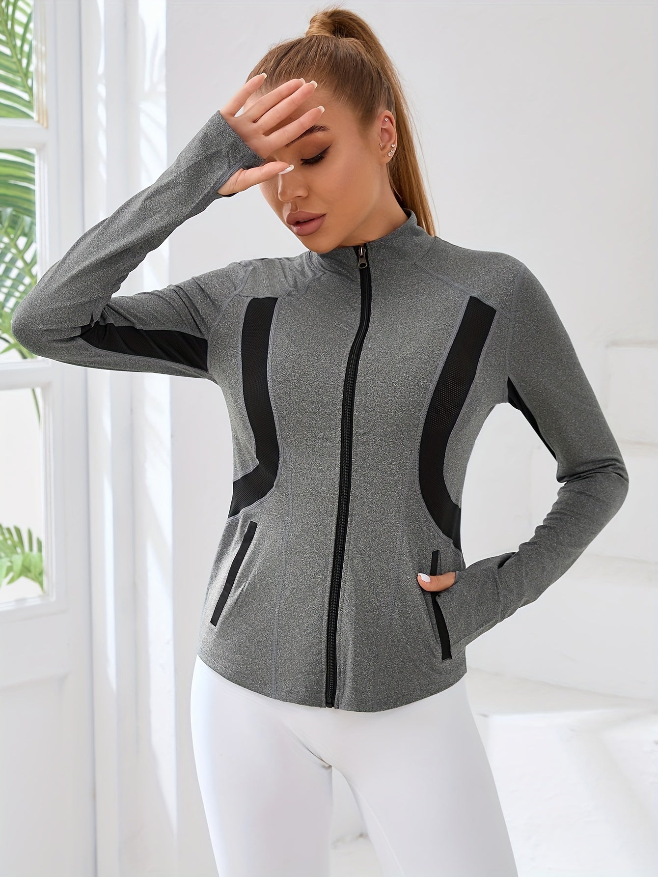 Lightweight Sports Jacket With Long Sleeves, Thumb Holes, Breathable, Sun Protection, Suitable For Outdoor Activities Such As Yoga, Leisure, Running, Climbing, With Zipper And Small High Collar MyFave Boutique