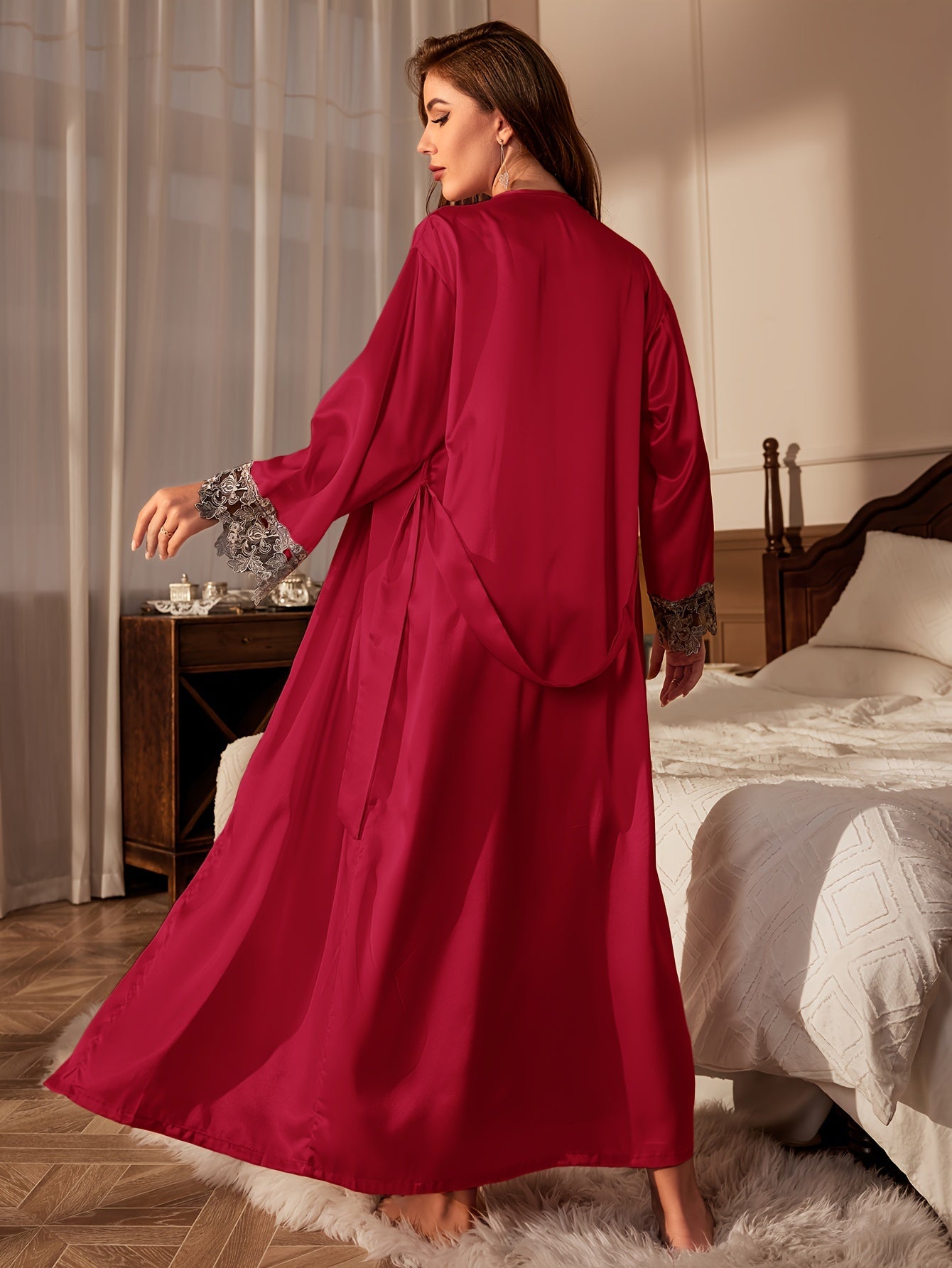 Luxurious Contrast Lace Satin Pajama Set with Long Sleeve Robe, Belt, and V-Neck Slip Dress - Perfect Women's Sleepwear and Loungewear for Ultimate Comfort and Style MyFave Boutique