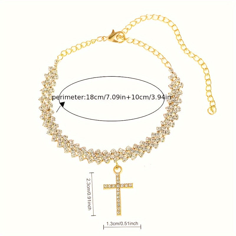 2 PCs/Set Delicate Bling Cross Pendant 18K Golden Plated Anklet For Women, Fashion Sparkling Elegant Sexy Style Personalized Summer Beach Anklet, Jewelry Gift Anklet, Perfect Holiday Gift For Beautiful Women MyFave Boutique