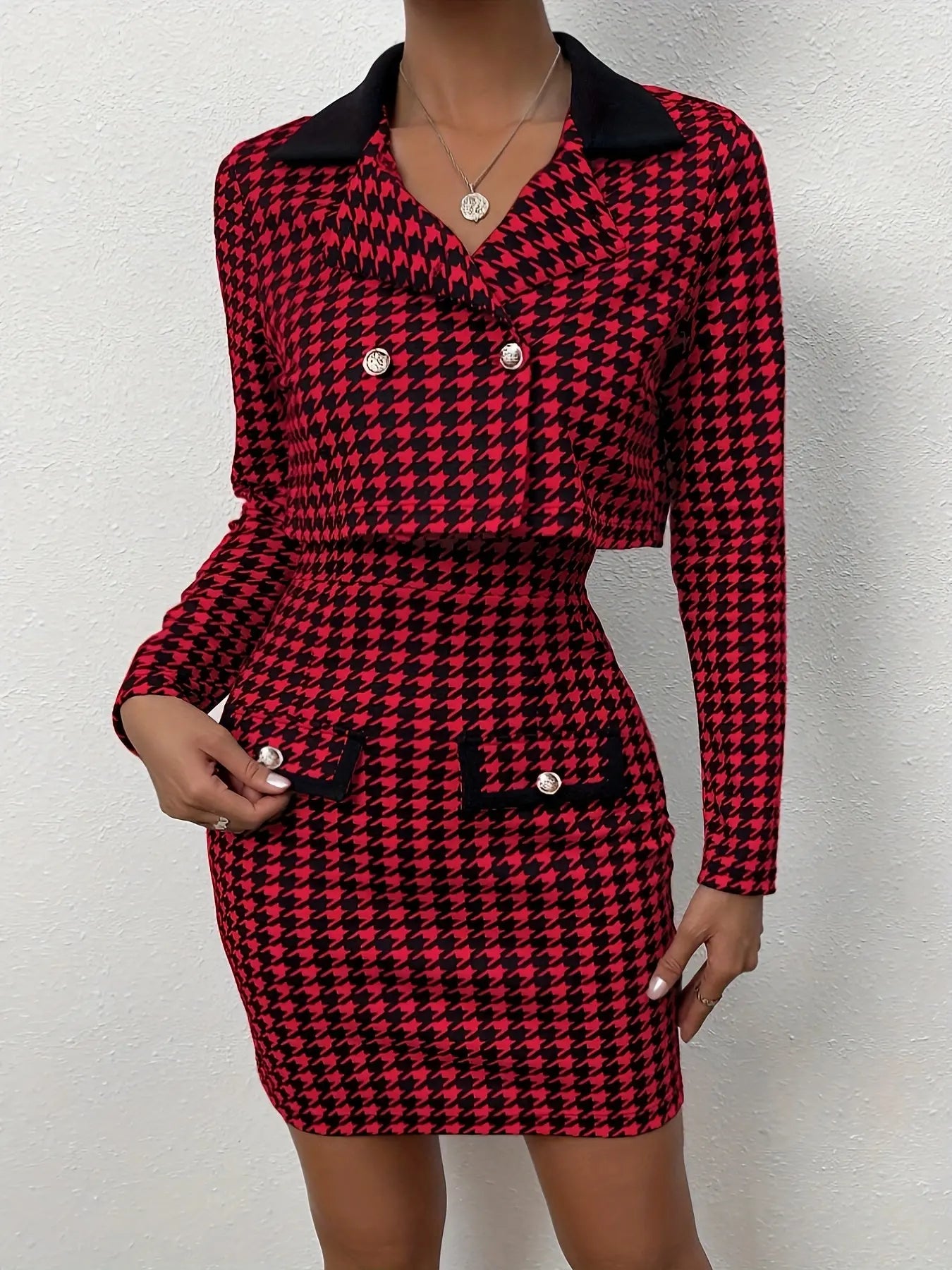 2 Pcs Elegant Houndstooth Print Tank Dress Set, Long Sleeve Button Front Notched Lapel Crop Blazer & Sleeveless Bodycon Wide Strap Mini Dress Outfits, Women's Clothing MyFave Boutique