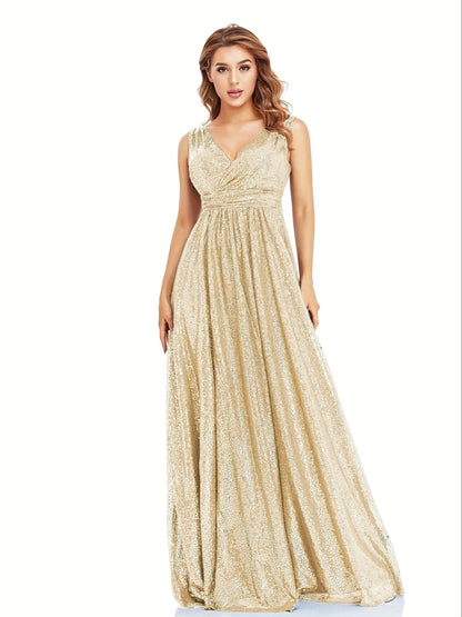 Sequin V-Neck Maxi Evening Prom Bridesmaid Dress with High Waist and Slit MyFave Boutique