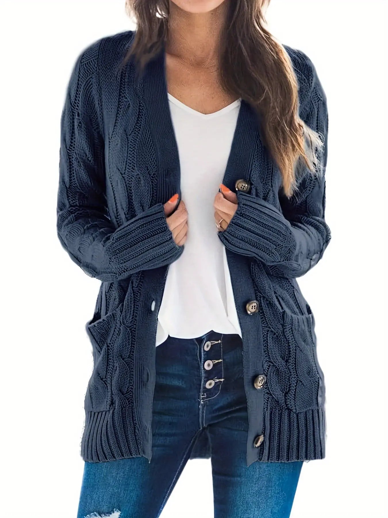 Stylish Cable Knit Button Front Cardigan with V Neck and Pockets for Women's Fall & Winter Wardrobe MyFave Boutique