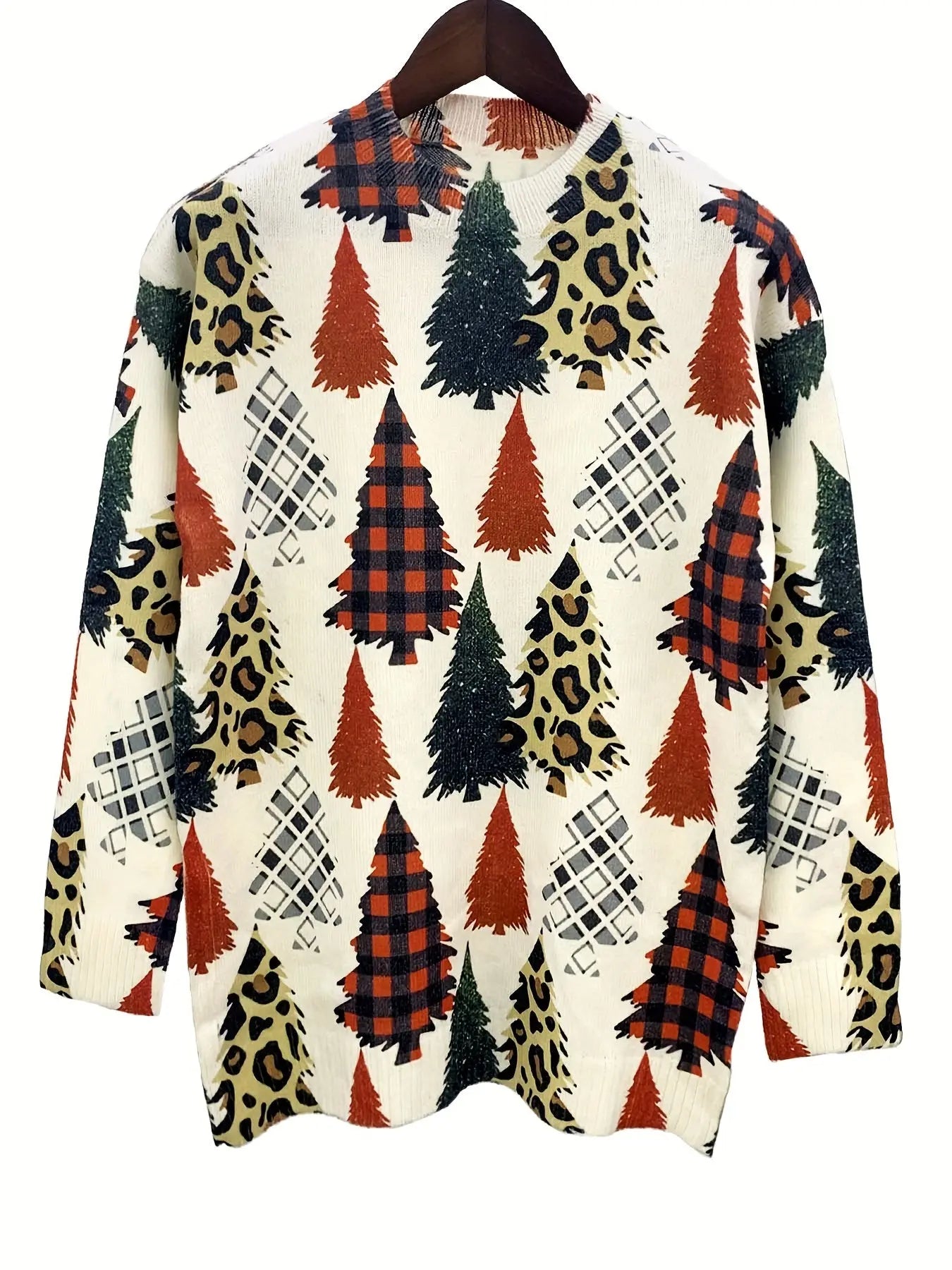 Christmas Tree Pattern Crew Neck Sweater, Casual Long Sleeve Sweater For Spring & Fall, Women's Clothing MyFave Boutique