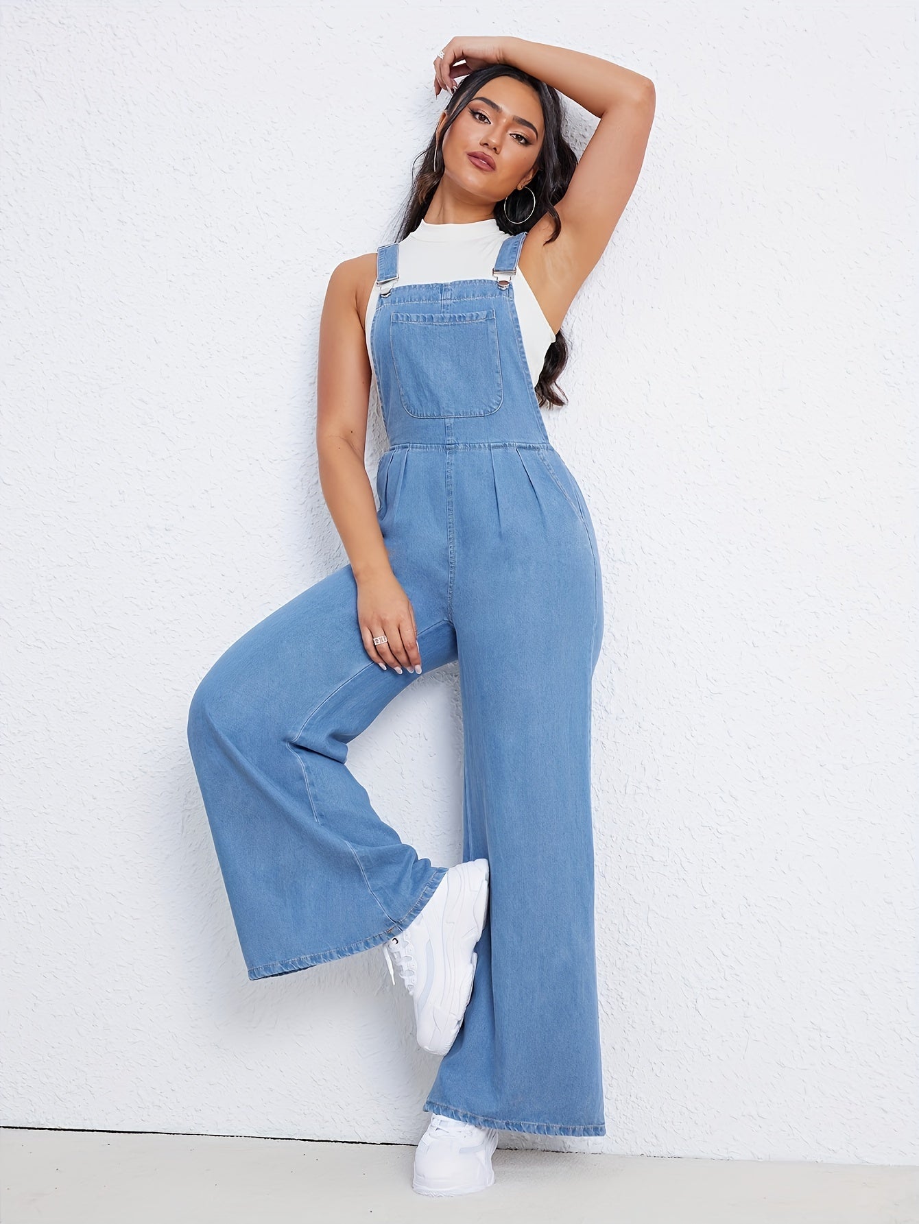 Women's Plain Washed Blue Loose Fit Casual Style Denim Dungarees Sleeveless Jeans Overalls With Side Pockets MyFave Boutique