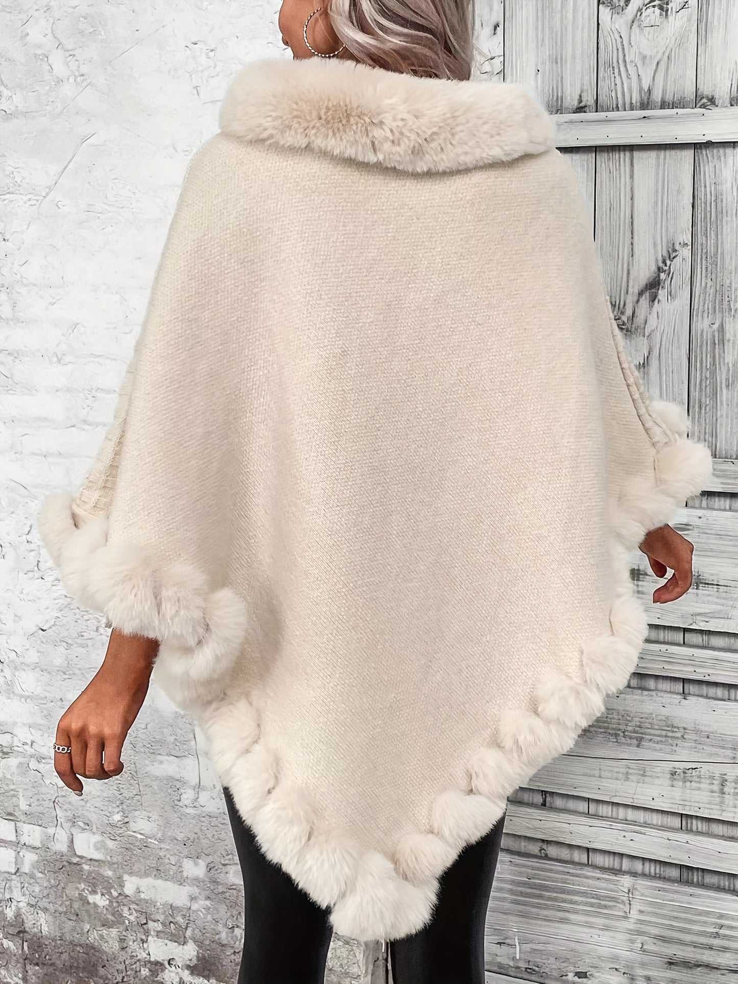 Solid Waffle Grid Fuzzy Trim Poncho, Elegant Thermal Hanky Hem Crew Neck Cape For Fall & Winter, Women's Clothing MyFave Boutique