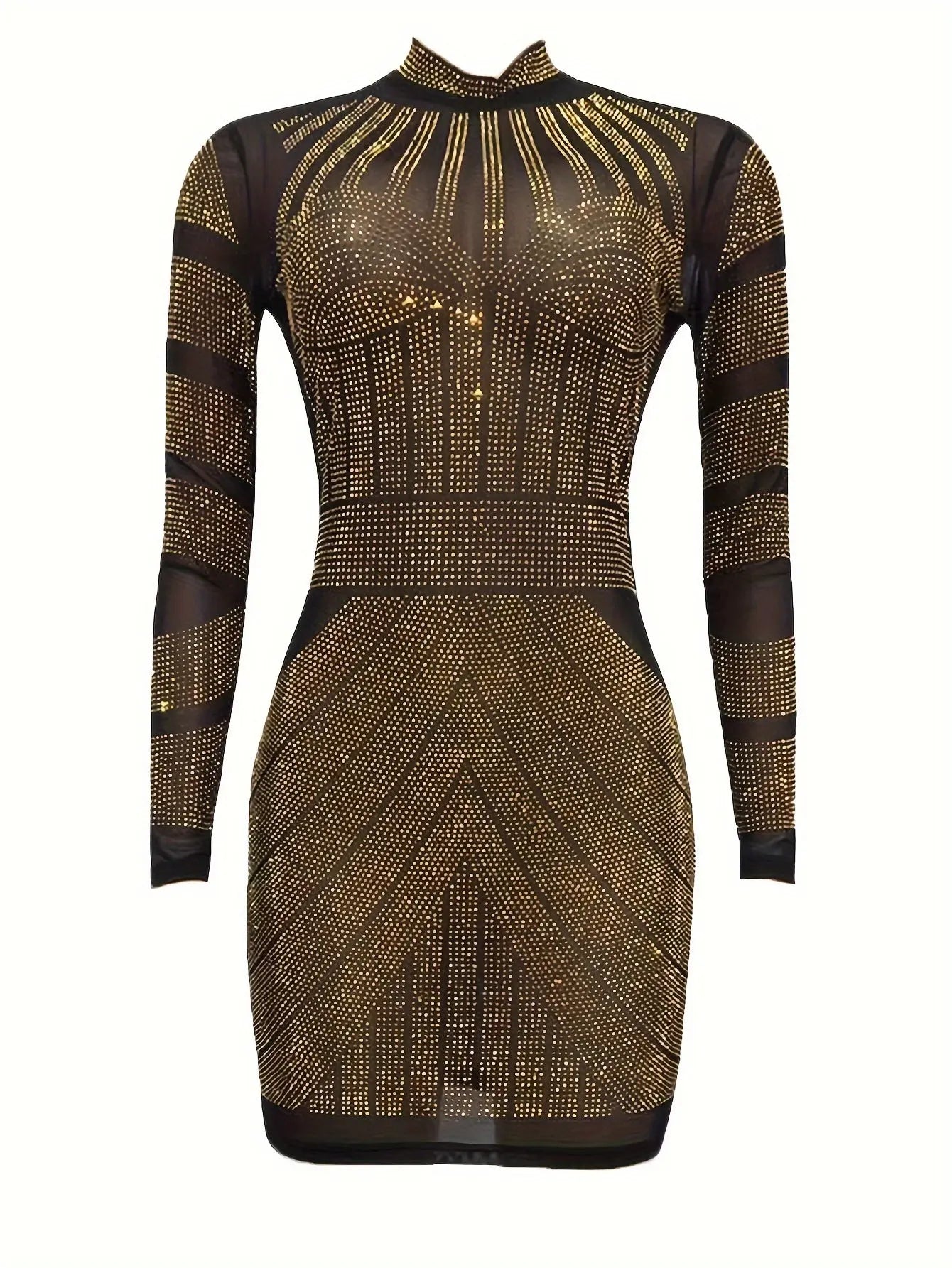 Elegant Bodycon Dress with Rhinestone Embellishments and Long Sleeves: Perfect for Parties - Women's Fashion MyFave Boutique