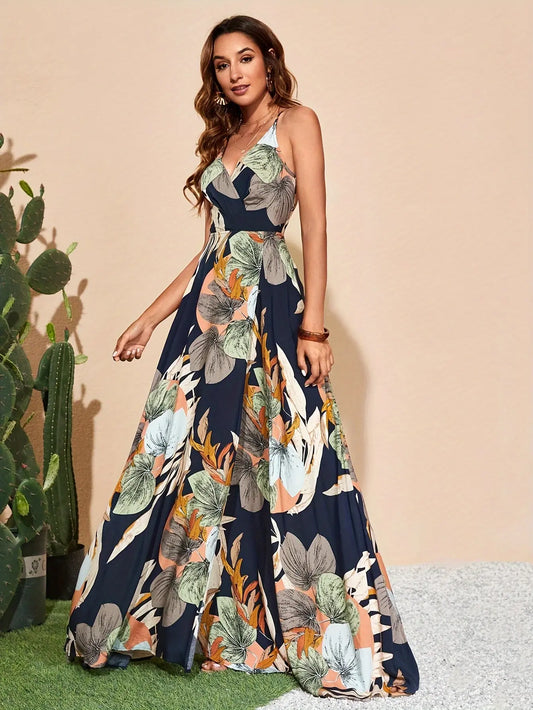 Tropical Print V-neck Cami Dress, Maxi Dress, Vacation Style Sleeveless Split Dress For Spring & Summer, Women's Clothing MyFave Boutique