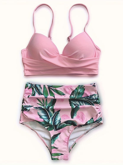 Plain Pinkish Pastel Color Ruched Top & Leaf Print High Waist Bottoms 2 Piece Set Bikini Swimsuits, Women's Swimwear & Clothing MyFave Boutique