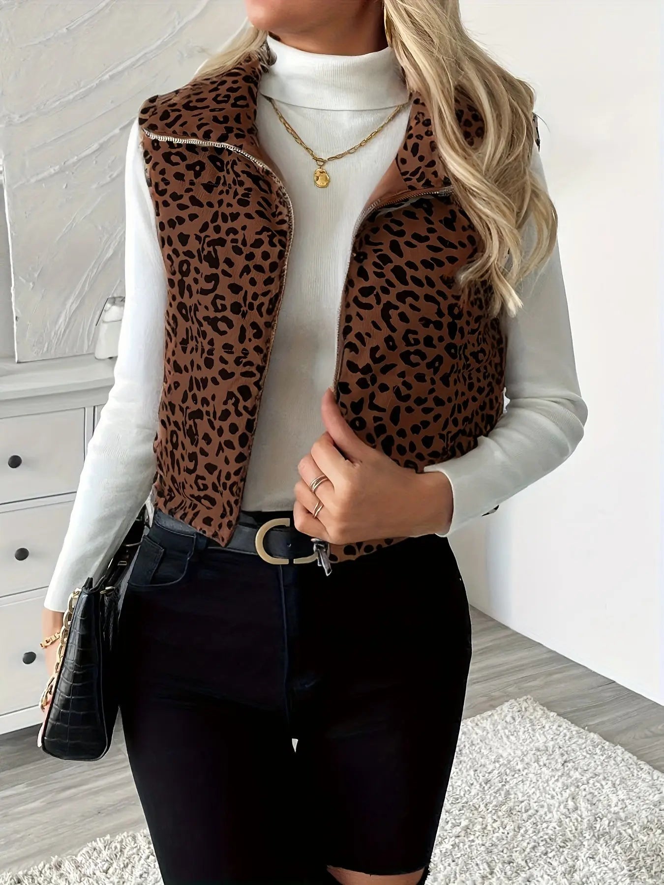 Autumn And Winter Polyester Coat With Leopard Print, Stand Collar, Zipper Closure, Casual Outerwear For Women MyFave Boutique