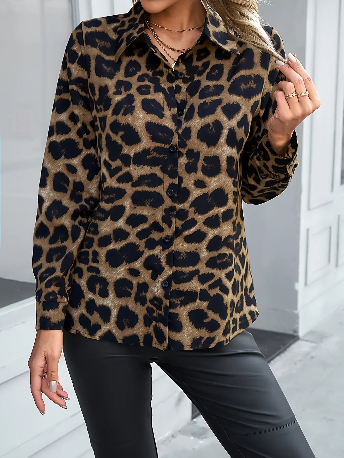 Leopard Print Long Sleeve Button-Down Shirt for Women, Casual Spring/Fall Blouse MyFave Boutique