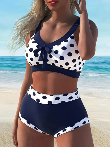 2 Piece Polka Dots Print Knotted Retro Style High Stretch Polyester Bikini Swimsuits For Women - Machine Washable, Random Printing - Perfect For Swimwear & Beachwear MyFave Boutique