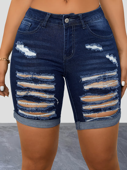 Vibrant Washed Blue Ripped Roll Up Hem Denim Shorts - Distressed Casual Slash Pocket Design, Comfortable Stretchy Fabric, Relaxed Fit, Women's Fashionable Denim Jeans & Clothing for Everyday Wear MyFave Boutique