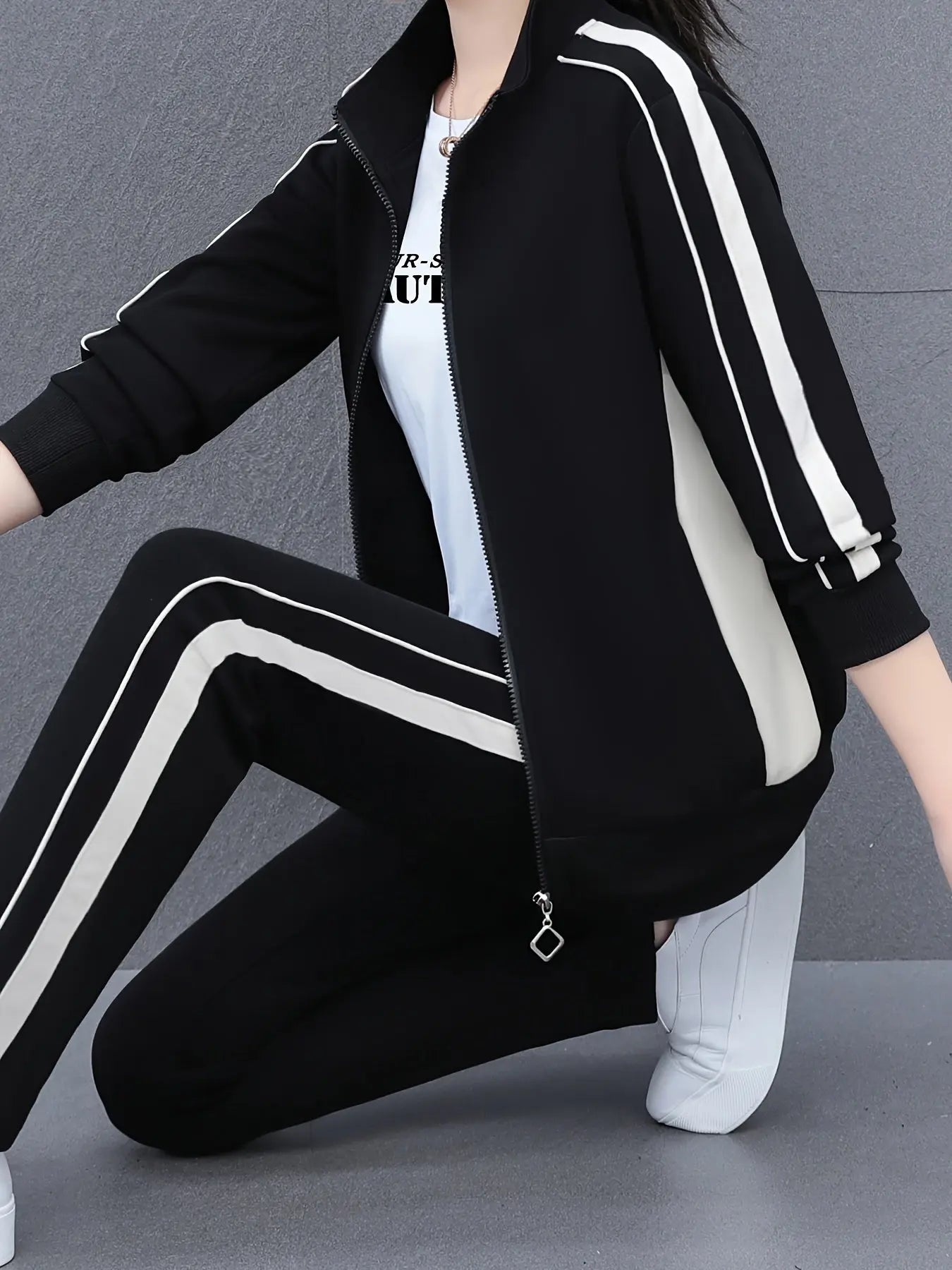 Women's Casual Striped Cotton Jacket with Small Stand-Up Collar, Zippered Opening, Knit Fabric, Elastic Medium Stretch, Spring/Fall Collection, Casual Outfit for Middle-Aged Moms MyFave Boutique