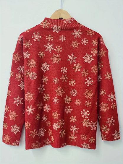 Snowflake Print Crew Neck Sweater, Casual Long Sleeve Sweater For Fall & Winter, Women's Clothing MyFave Boutique